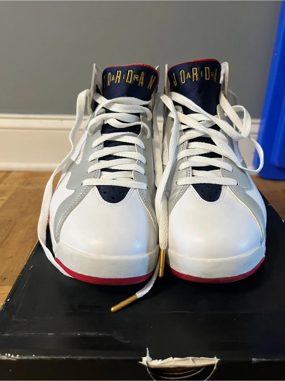 Jordan White Silver Navy Sneakers with Red & Gold Accents